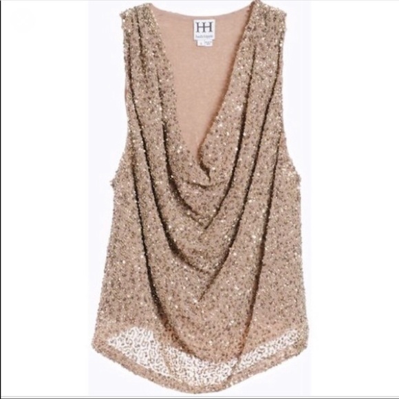 Haute Hippie Tops - HAUTE HIPPIE Champagne Beaded Sequin Cowlneck Top